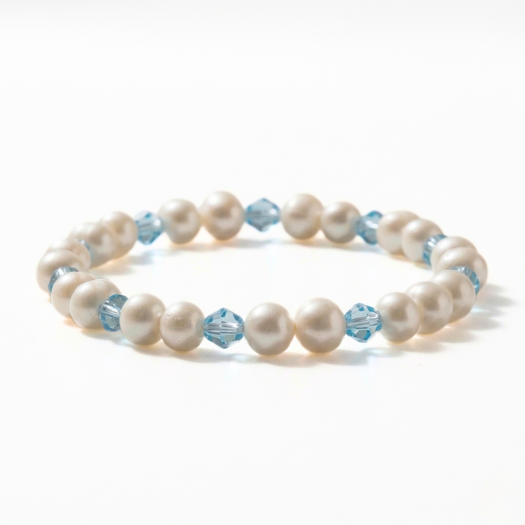 Pearl and aquamarine stretch bead bracelet with freshwater pearls, handmade jewellery UK - bride something blue 