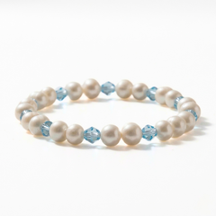 Pearl and aquamarine stretch bead bracelet with freshwater pearls, handmade jewellery UK - bride something blue 