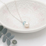 Pearl and aquamarine pendant necklace in sterling silver, something blue jewellery UK
