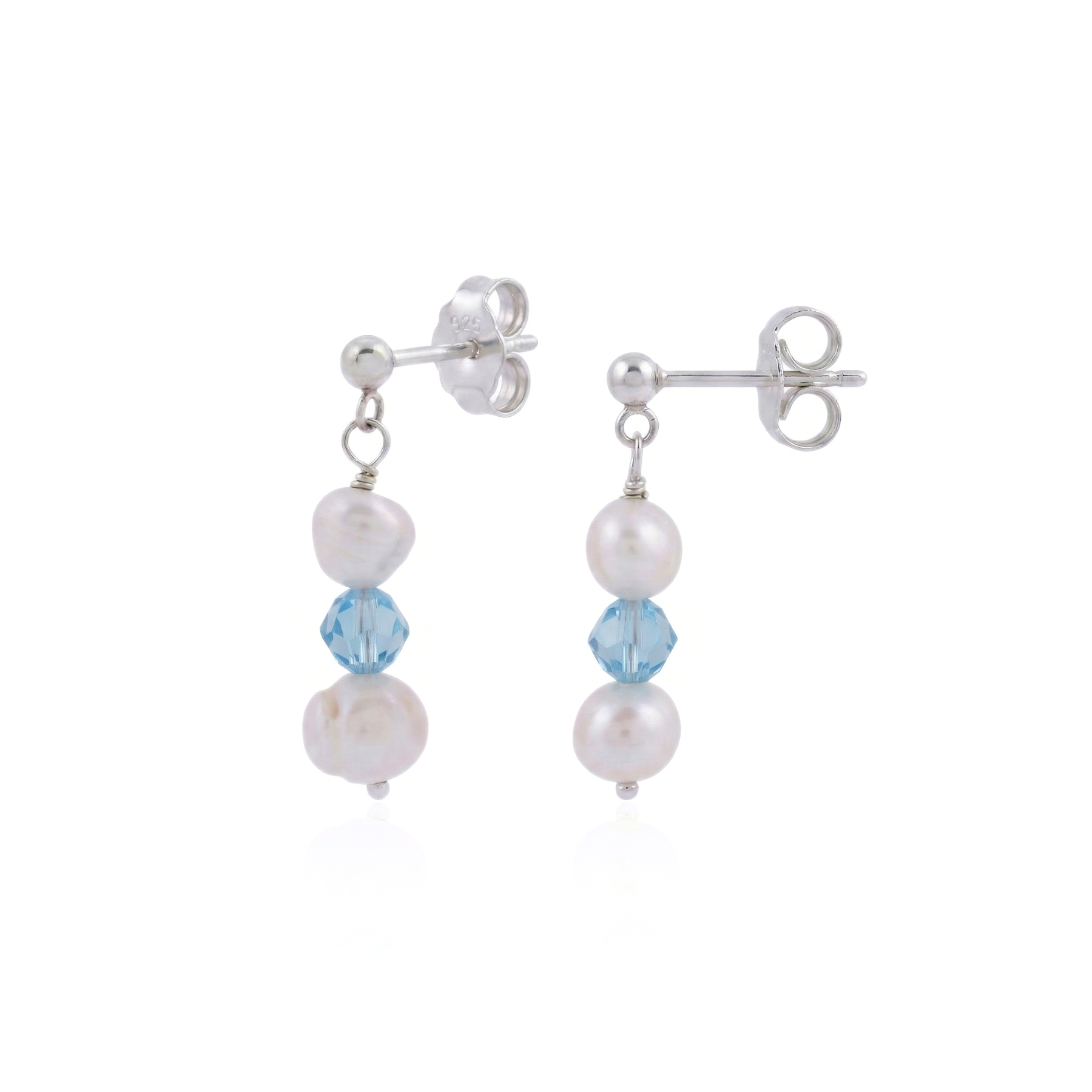 Pearl and blue gemstone bridesmaid earrings in sterling silver, wedding jewellery UK
