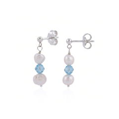 Pearl and blue gemstone bridesmaid earrings in sterling silver, wedding jewellery UK