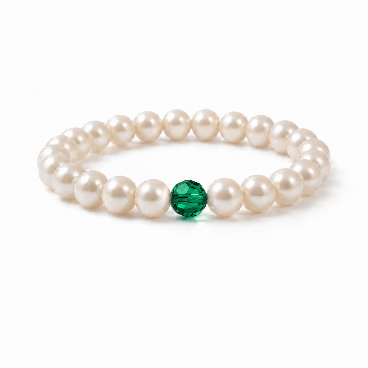 Freshwater pearl and emerald crystal bracelet — May birthstone stretch bead bracelet, handmade in the UK by Made Here with Love