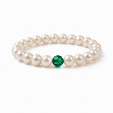 Freshwater pearl and emerald crystal bracelet — May birthstone stretch bead bracelet, handmade in the UK by Made Here with Love