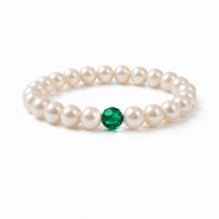Freshwater pearl and emerald crystal bracelet — May birthstone stretch bead bracelet, handmade in the UK by Made Here with Love