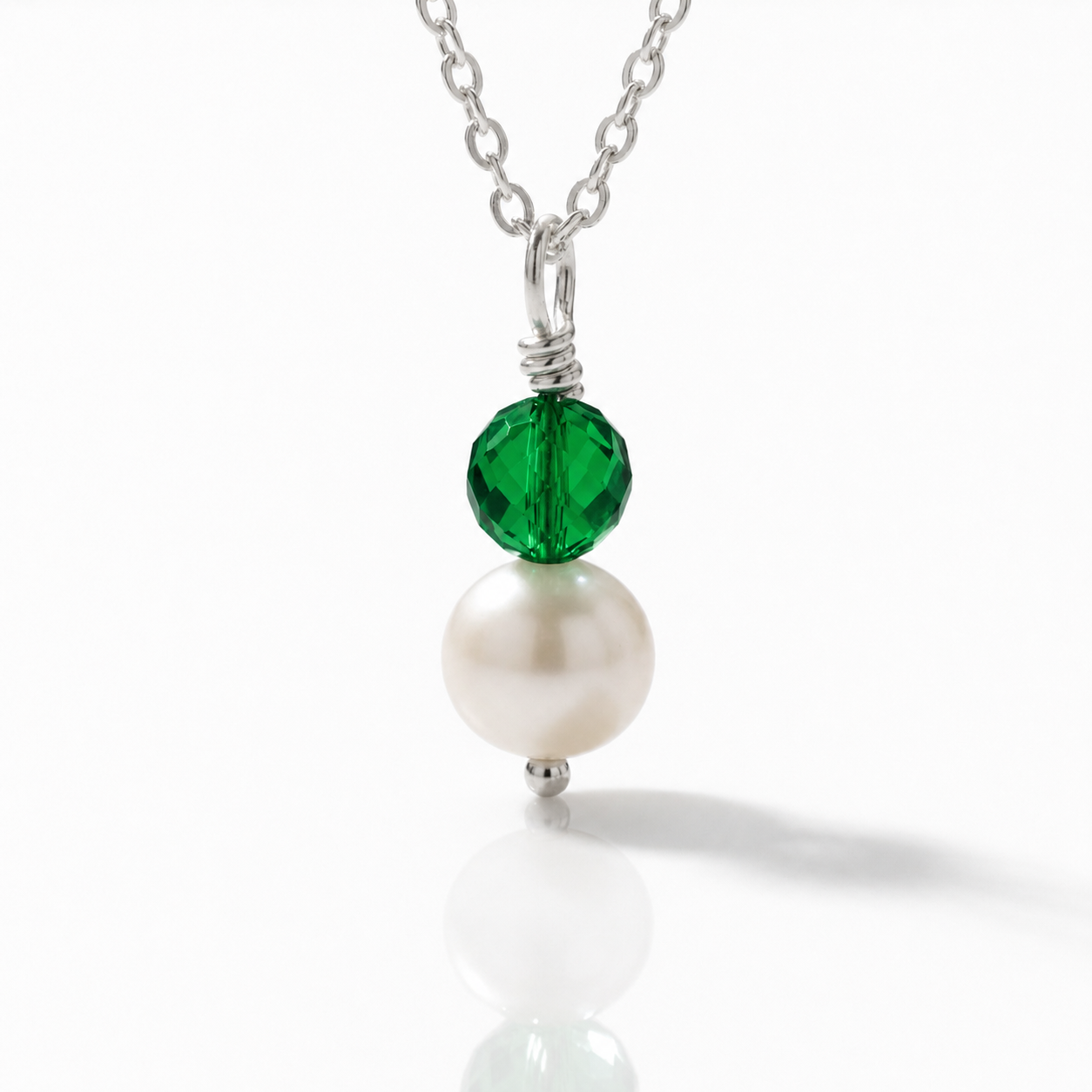 Freshwater pearl and emerald crystal wire wrap pendant necklace in sterling silver - May birthstone necklace handmade in the UK by Made Here with Love
