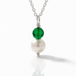 Freshwater pearl and emerald crystal wire wrap pendant necklace in sterling silver - May birthstone necklace handmade in the UK by Made Here with Love