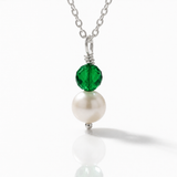 Freshwater pearl and emerald crystal wire wrap pendant necklace in sterling silver - May birthstone necklace handmade in the UK by Made Here with Love