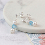 Pearl and light blue aquamarine bead earrings in sterling silver, bridal stud drop earrings UK