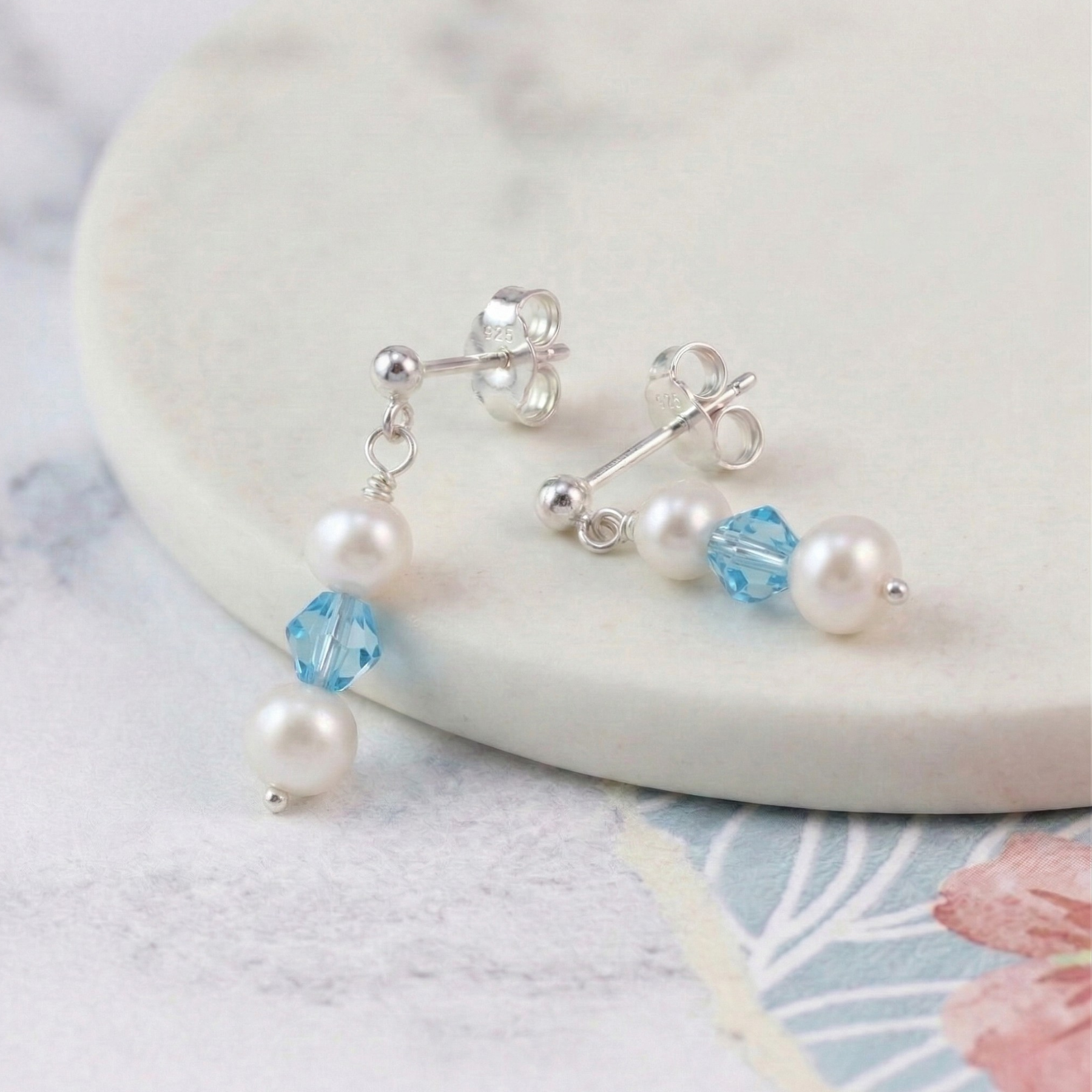 Pearl and light blue aquamarine bead earrings in sterling silver, bridal stud drop earrings UK