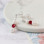 Pearl and red bead earrings in sterling silver, elegant drop earrings UK