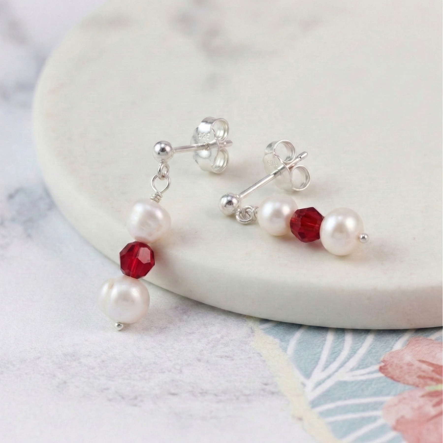 Pearl and red bead earrings in sterling silver, elegant drop earrings UK