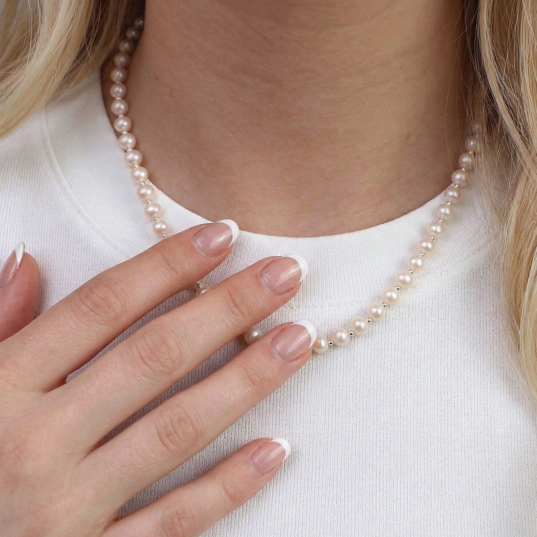 Freshwater pearl necklace with sterling silver beads, bridal jewellery UK