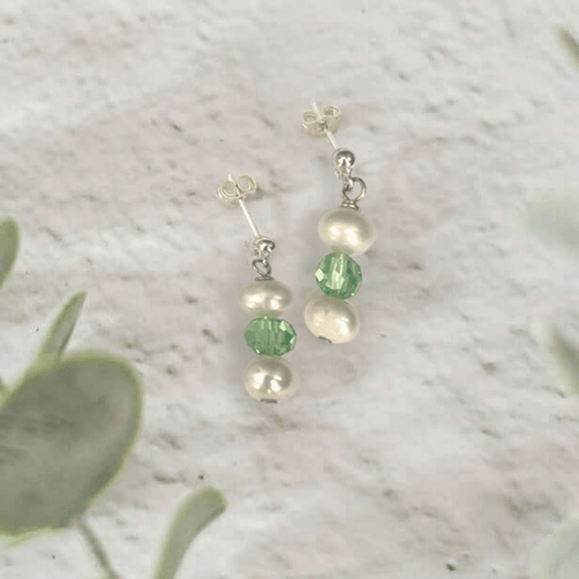 Peridot & Pearl Drop Earrings shown worn for August birthstone gifting and summer bridesmaid style
