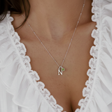 Peridot August birthstone necklace with personalised initial letter charm in sterling silver, meaningful custom jewellery gift.