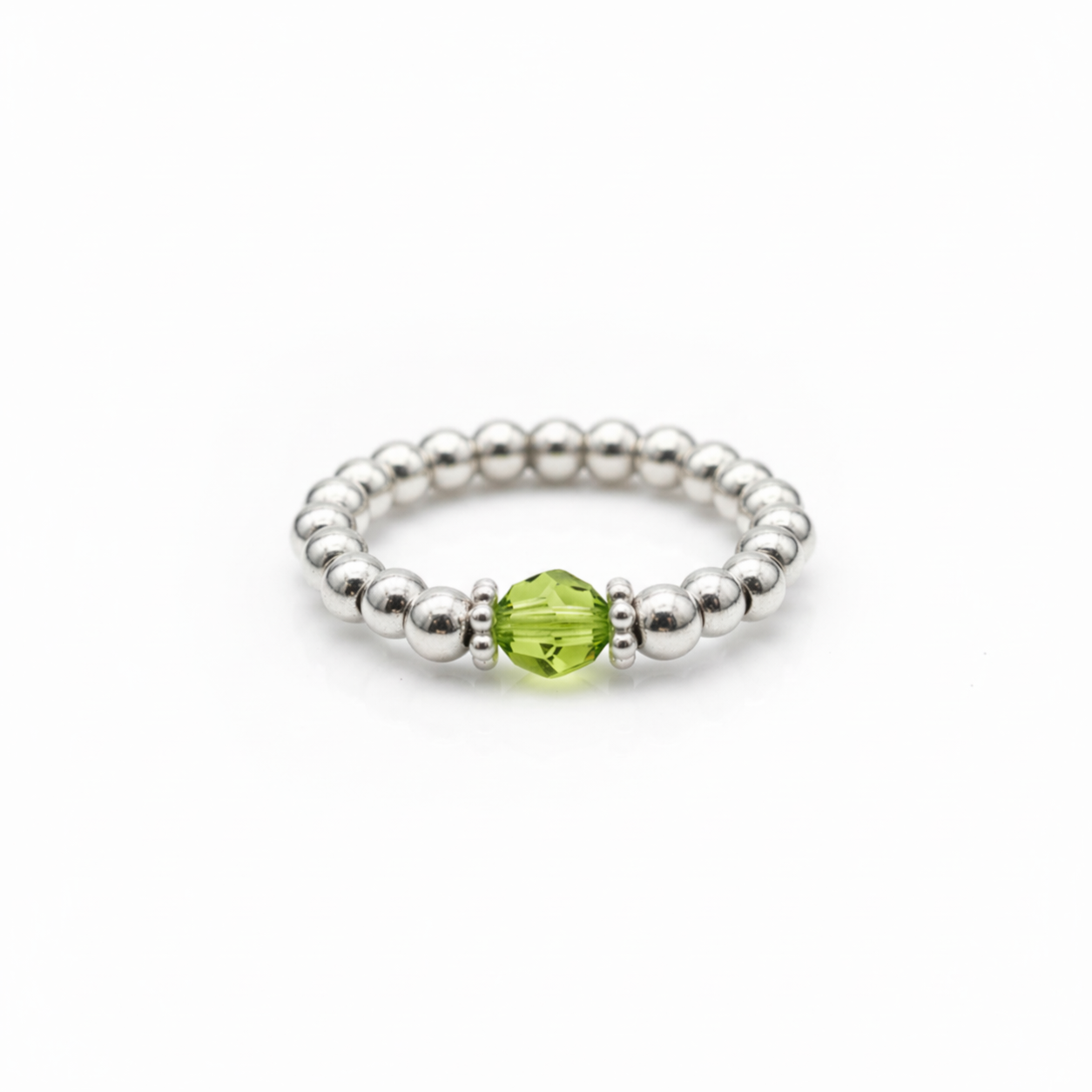 Handmade peridot crystal bead ring with sterling silver beads, August birthstone ring by Made Here with Love