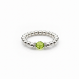 Handmade peridot crystal bead ring with sterling silver beads, August birthstone ring by Made Here with Love