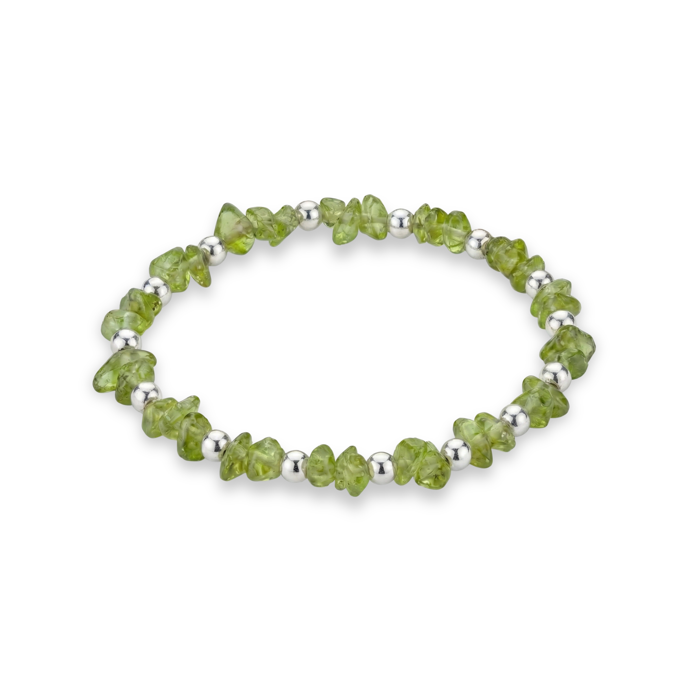Peridot crystal bead bracelet with faceted green gemstones and sterling silver beads on a stretch design.
