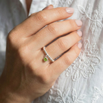 Peridot August birthstone ring with green gemstone charm on a sterling silver bead ring.