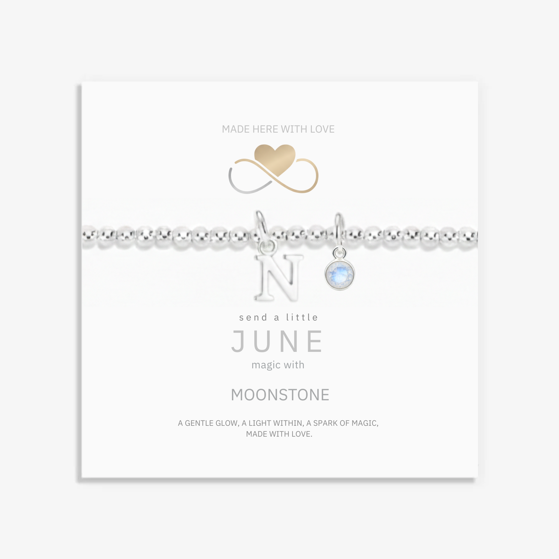Personalised birthstone and letter necklace gift with moonstone charm, meaningful June birthday jewellery