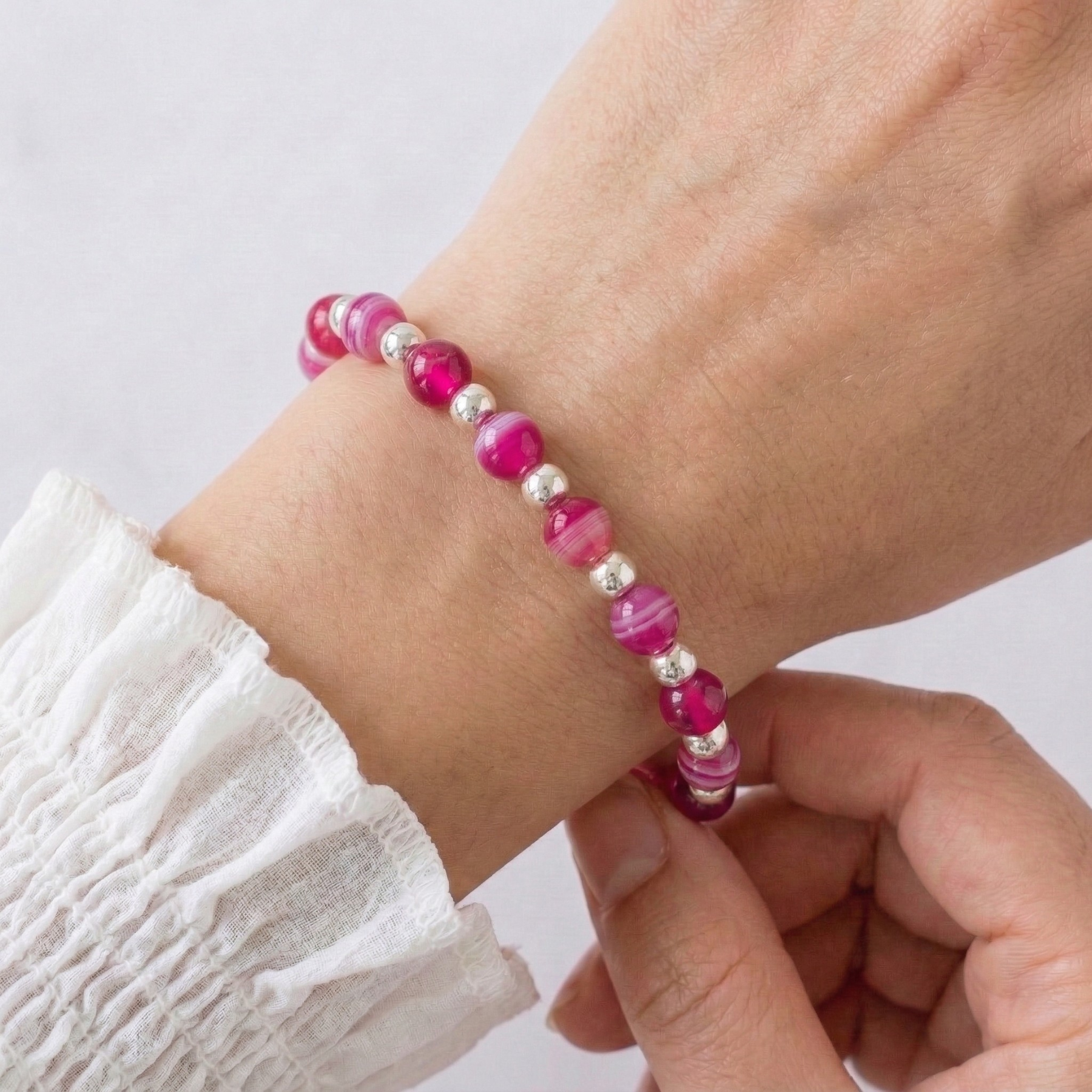 Pink agate bead bracelet with stretch fit, handmade gemstone bracelet UK