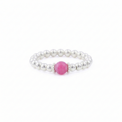 Sterling silver pink bead stretch ring, handmade stacking ring jewellery UK