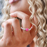 Pink bead ring in sterling silver, stretchy stacking ring for everyday wear UK