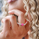 Pink bead ring in sterling silver, stretchy stacking ring for everyday wear UK