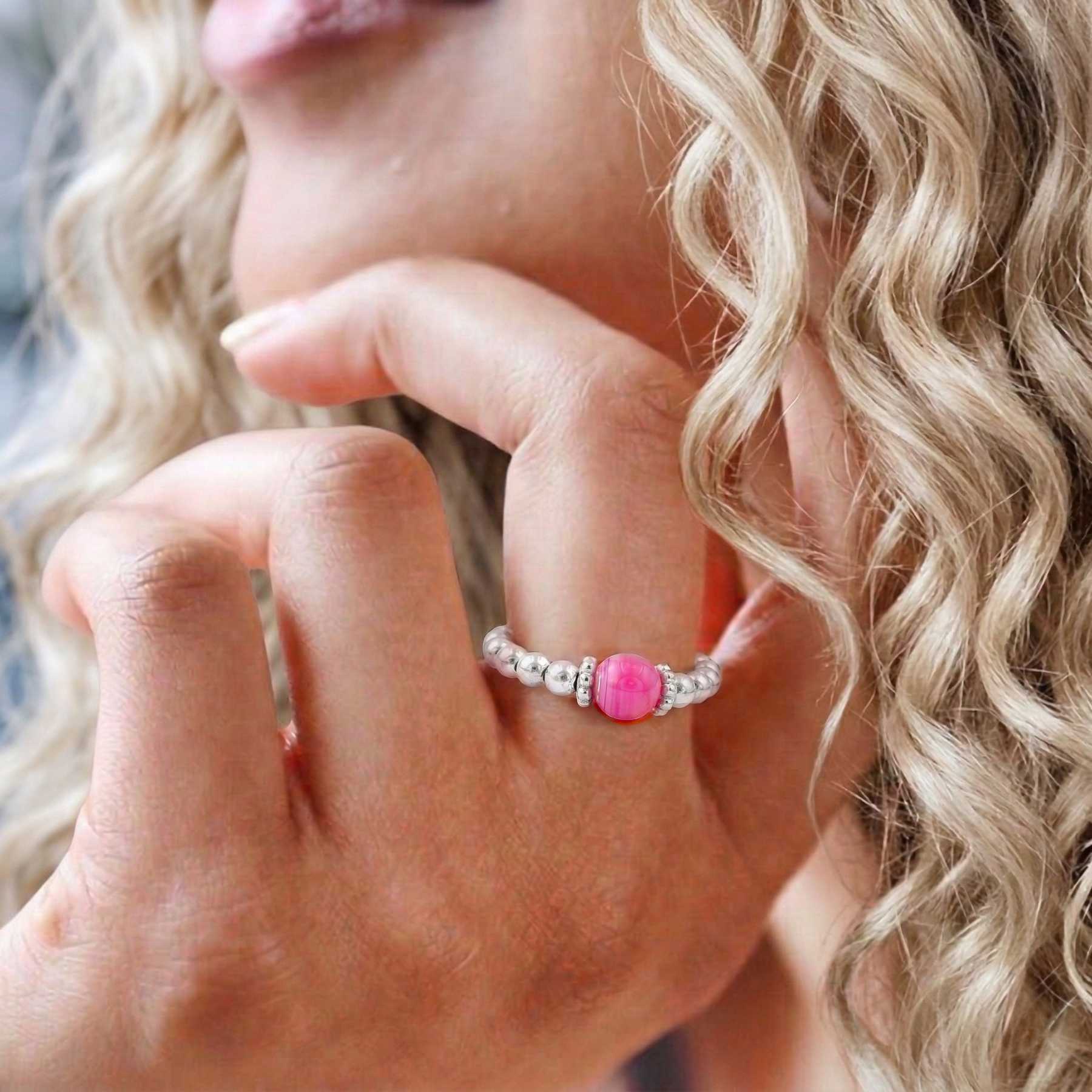 Pink bead ring in sterling silver, stretchy stacking ring for everyday wear UK