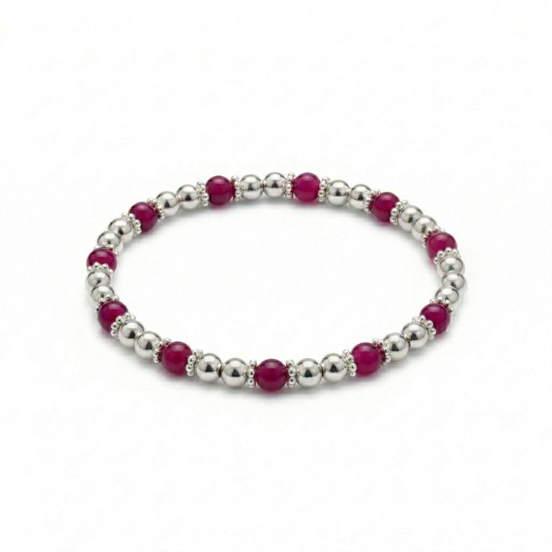 Pink gemstone bead bracelet in sterling silver, stretch stacking bracelet UK
