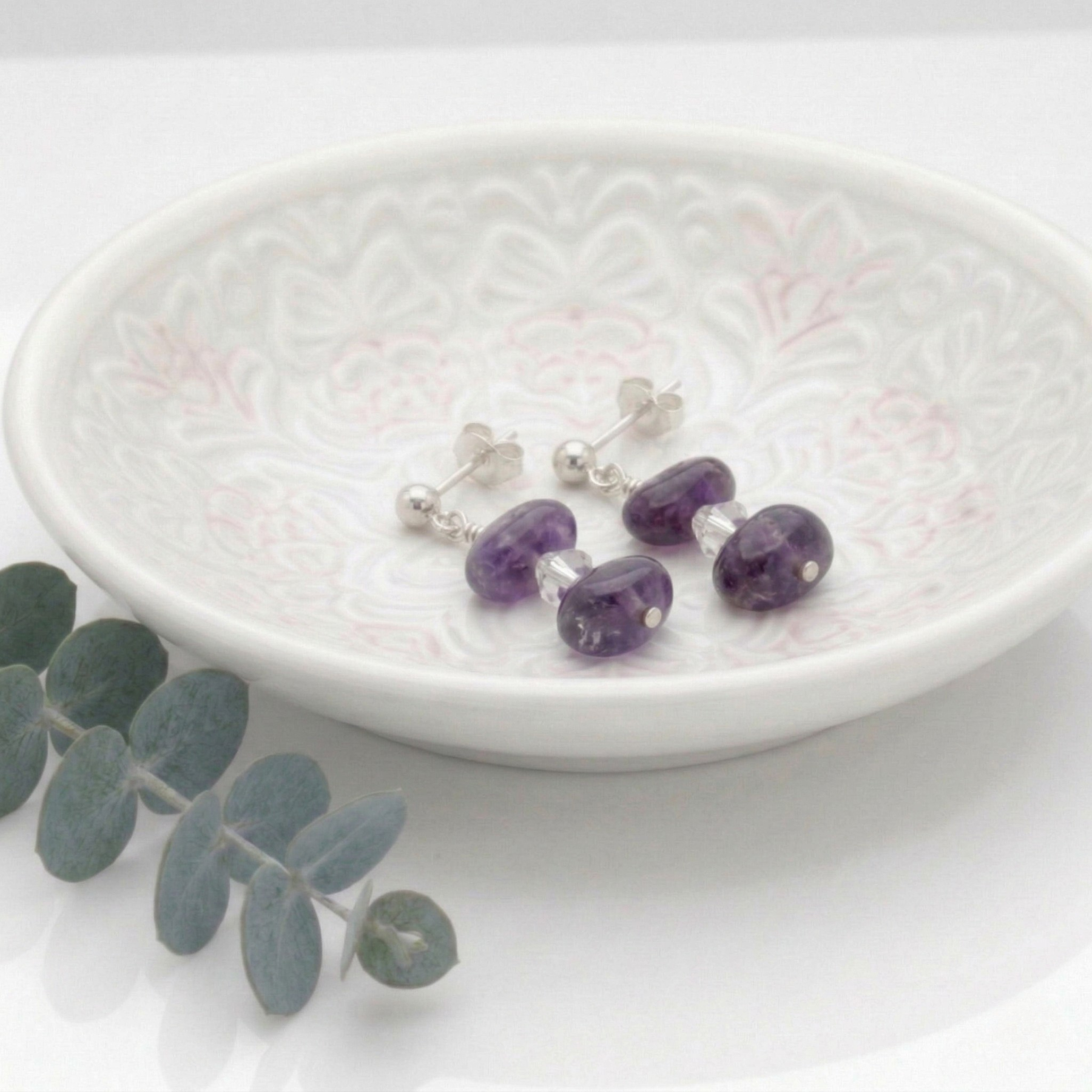 Purple bridesmaid drop earrings in sterling silver, wedding jewellery UK