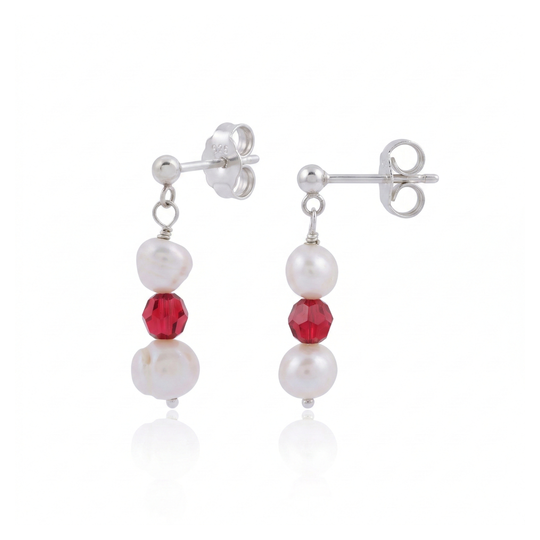 Red and pearl stud earrings in sterling silver, handmade jewellery UK