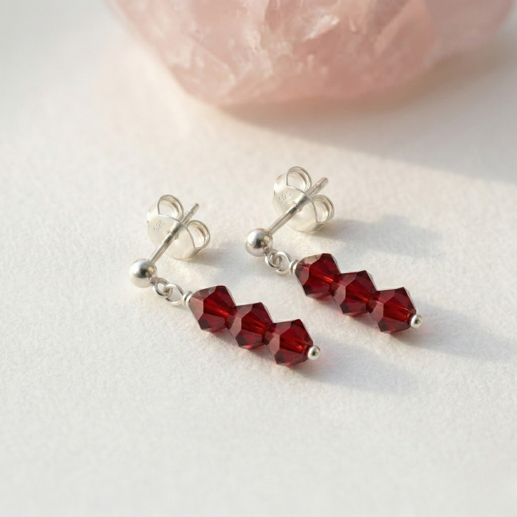 Red bead earrings in sterling silver, handmade drop earrings UK