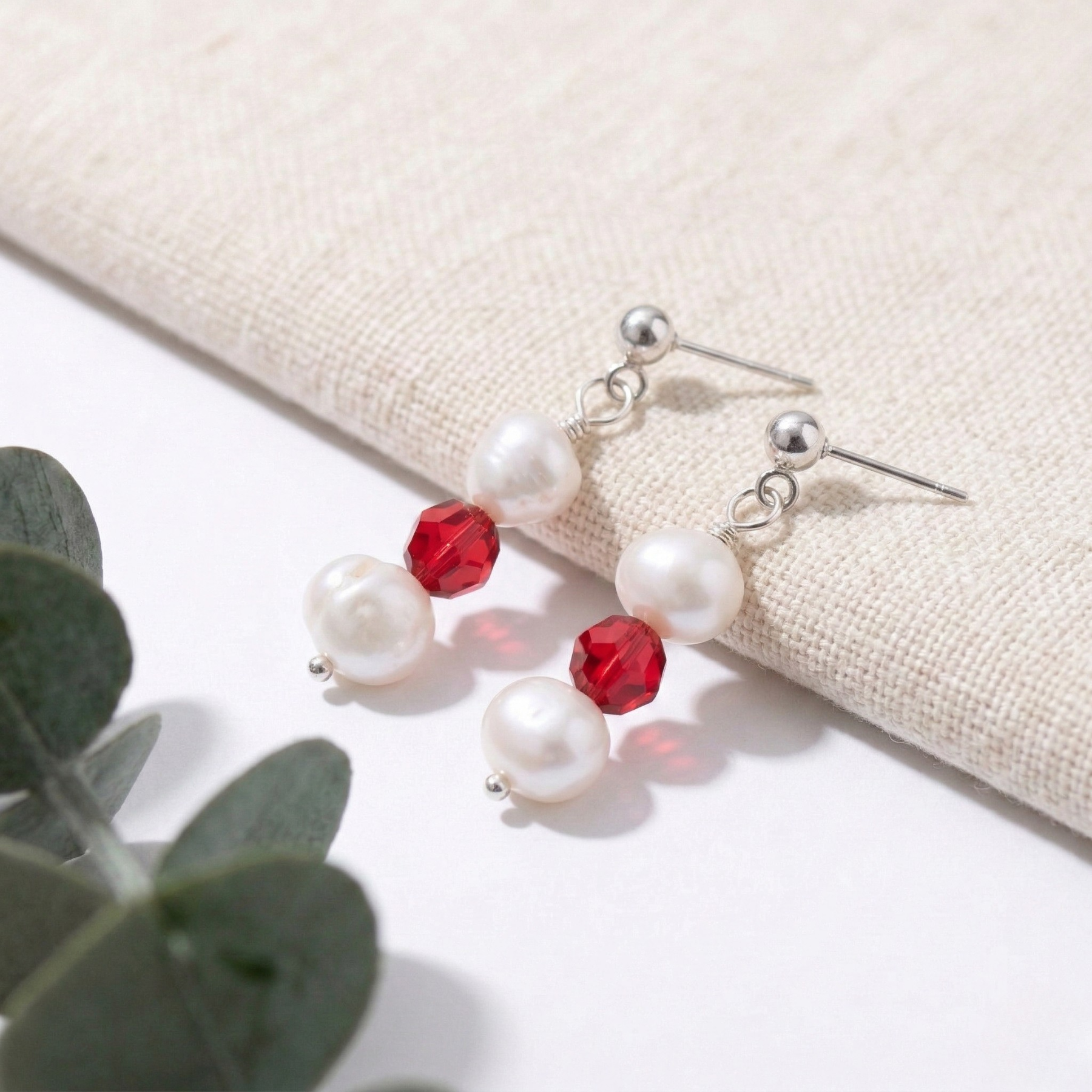 Red bead and pearl earrings in sterling silver, drop earrings UK