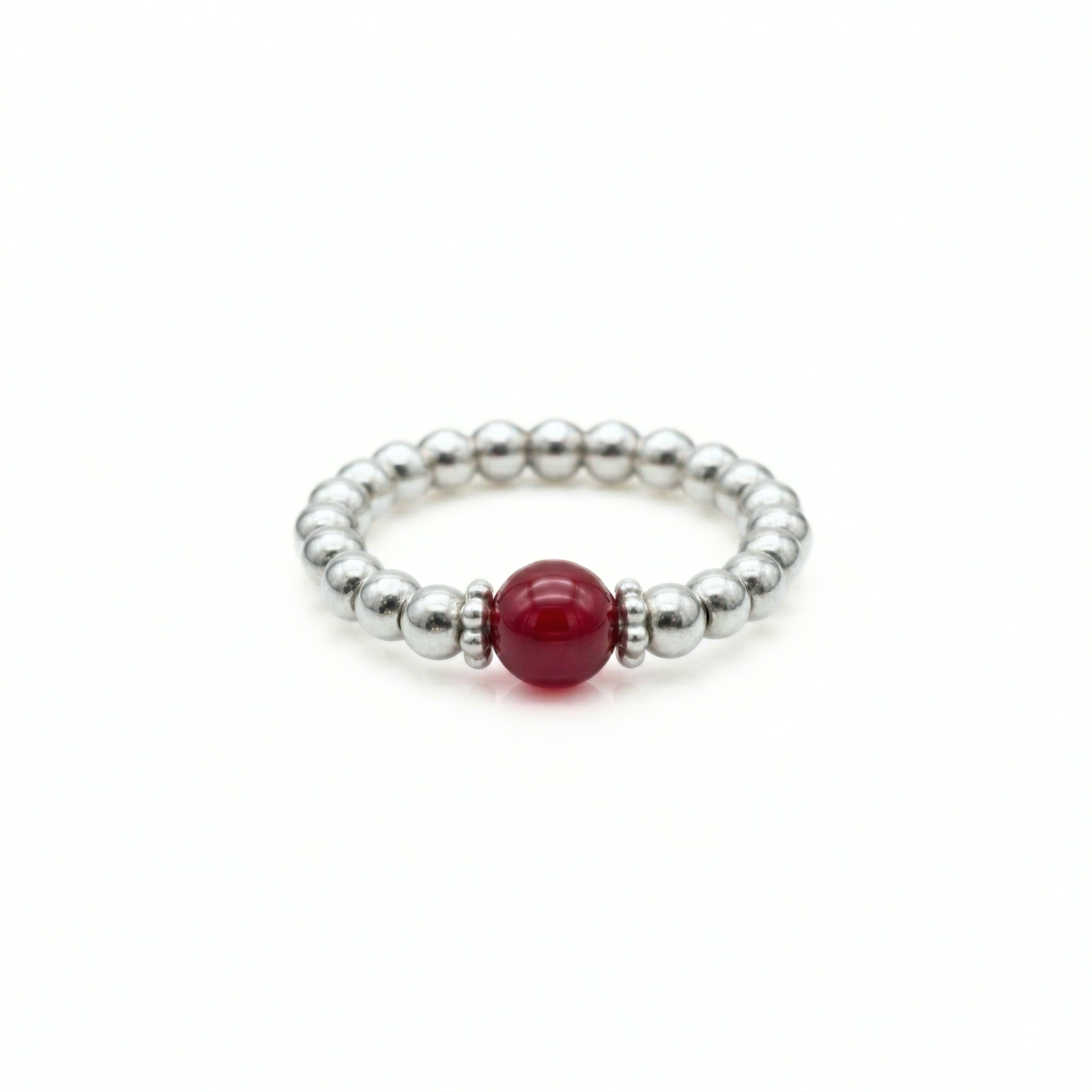 Red gemstone bead ring in sterling silver, stretchy stacking ring UK