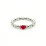Red gemstone ring in sterling silver, stretch bead stacking ring UK