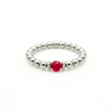 Red gemstone ring in sterling silver, stretch bead stacking ring UK