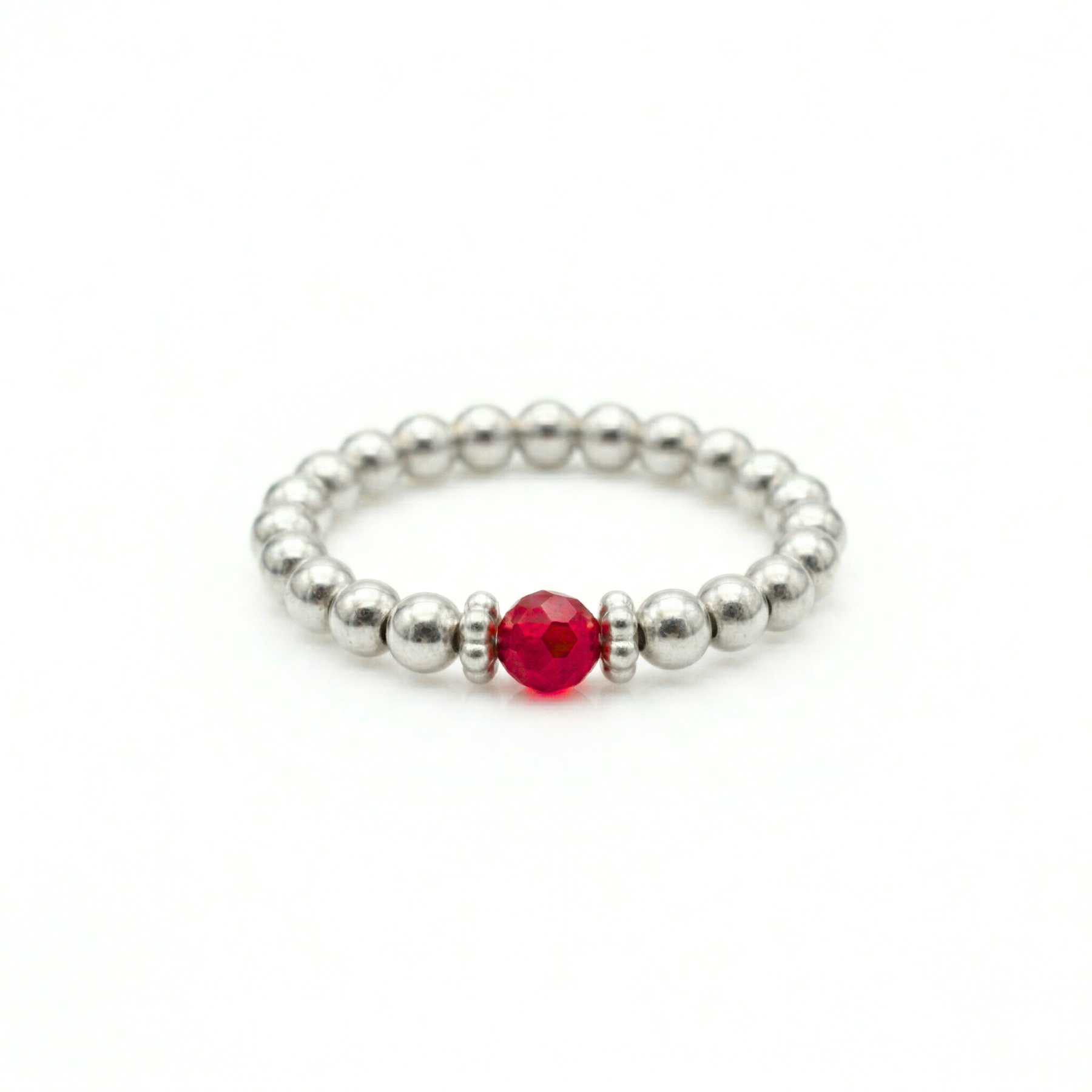 Red gemstone ring in sterling silver, stretch bead stacking ring UK