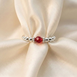 Red crystal bead ring in sterling silver, stretchy gemstone ring UK