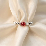 Red crystal bead ring in sterling silver, stretchy gemstone ring UK