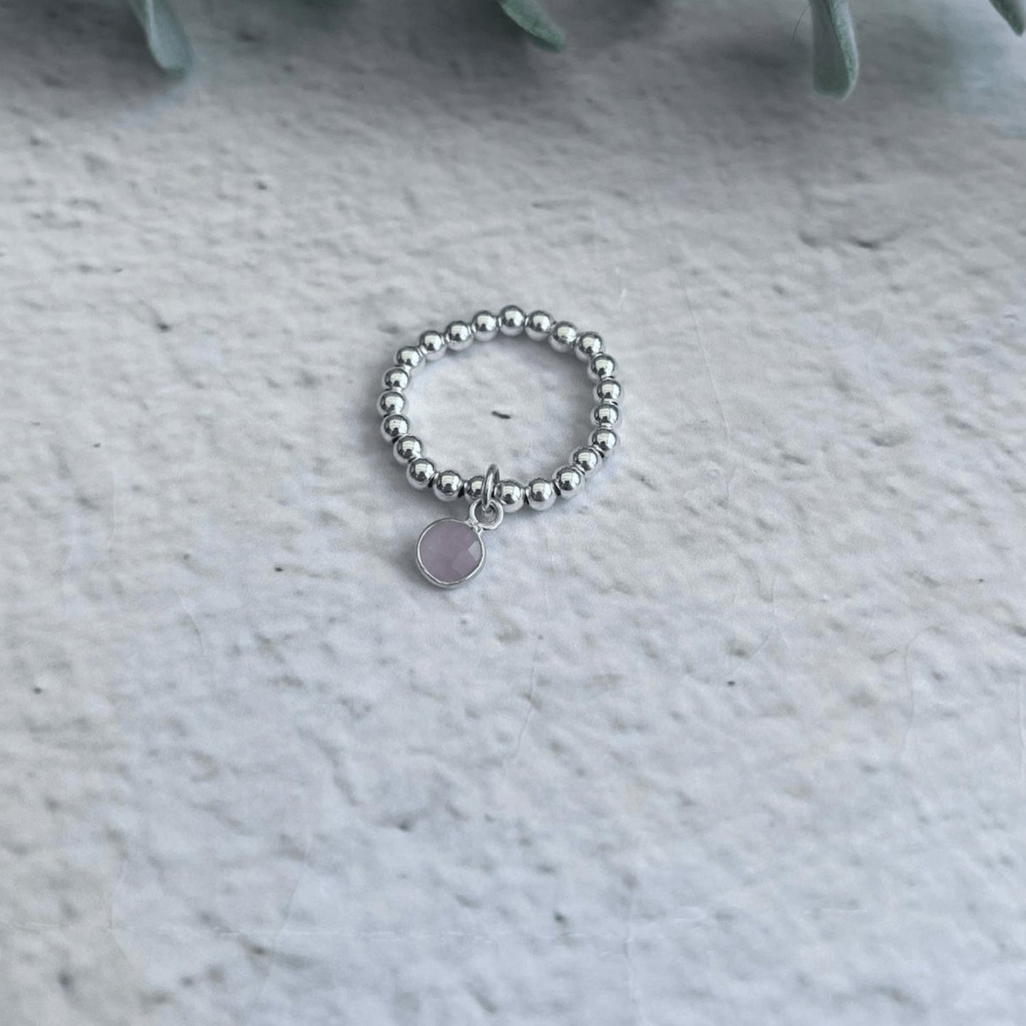 Rose Quartz Birthstone Ring handmade with sterling silver or gold filled beads and a natural rose quartz charm