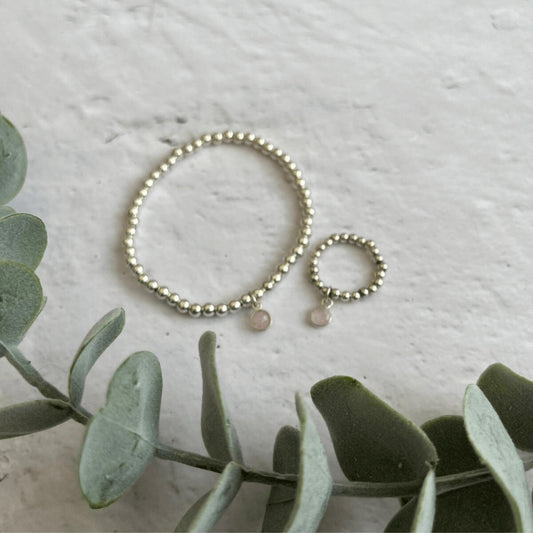 Rose Quartz Jewellery Set with handcrafted bracelet and matching ring in sterling silver or gold filled beads, finished with rose quartz charms