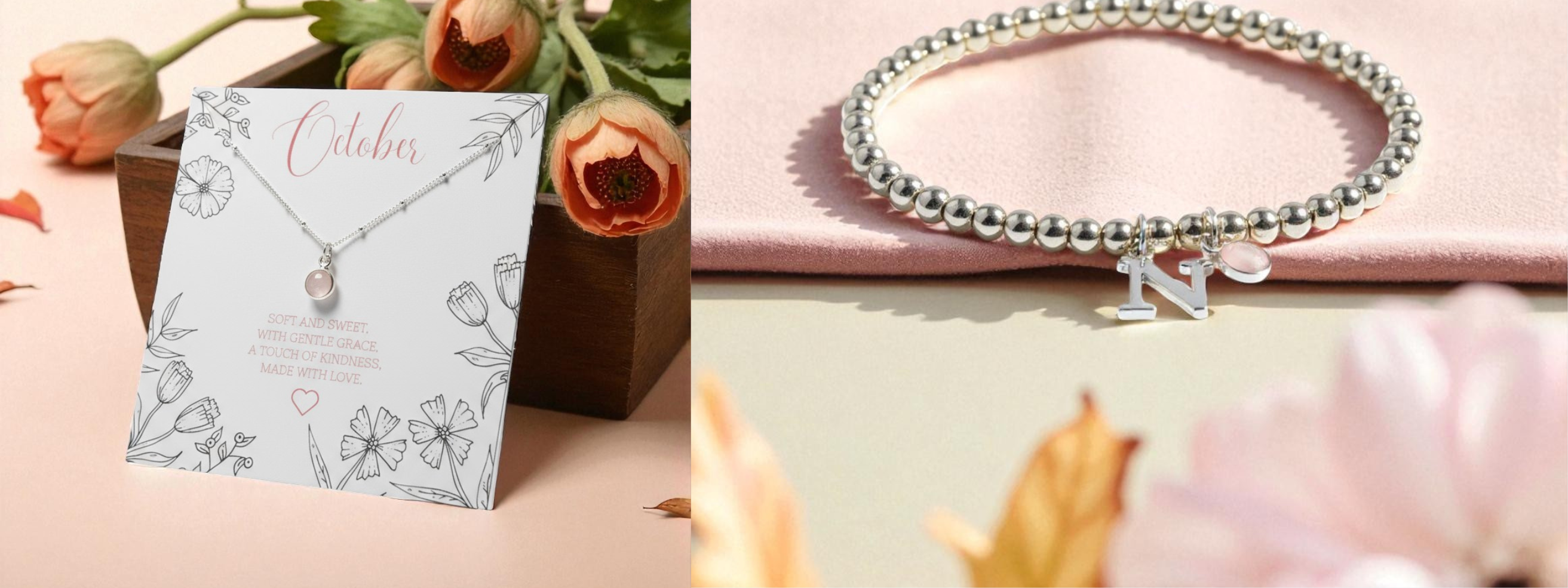 Rose Quartz October birthstone jewellery banner featuring personalised initial bracelet and necklace gift set by Made Here With Love