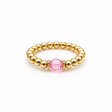 rose crystal ring with a faceted pink gemstone set on a gold filled bead ring.