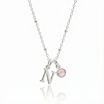 Rose quartz and initial letter charm necklace in sterling silver, personalised October birthstone jewellery for her.