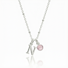 Rose quartz and initial letter charm necklace in sterling silver, personalised October birthstone jewellery for her.