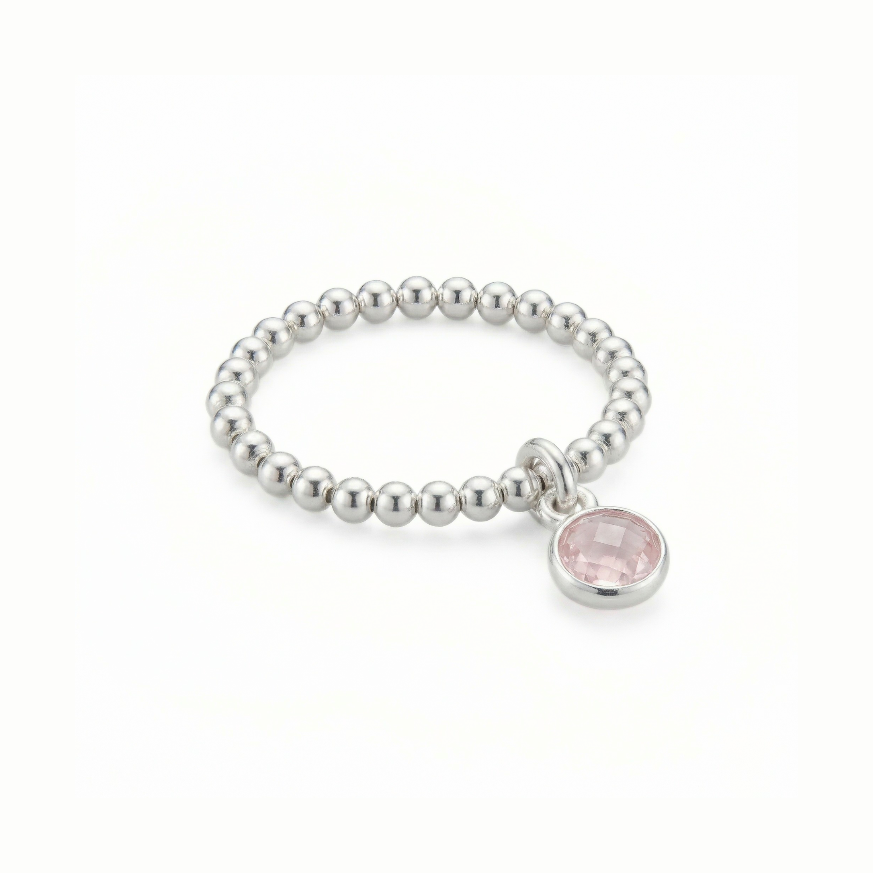 Rose quartz charm ring in sterling silver, October birthstone stretch ring UK