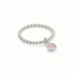 Rose quartz charm ring in sterling silver, October birthstone stretch ring UK