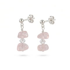 Rose quartz gemstone drop stud earrings in sterling silver, October birthstone jewellery UK