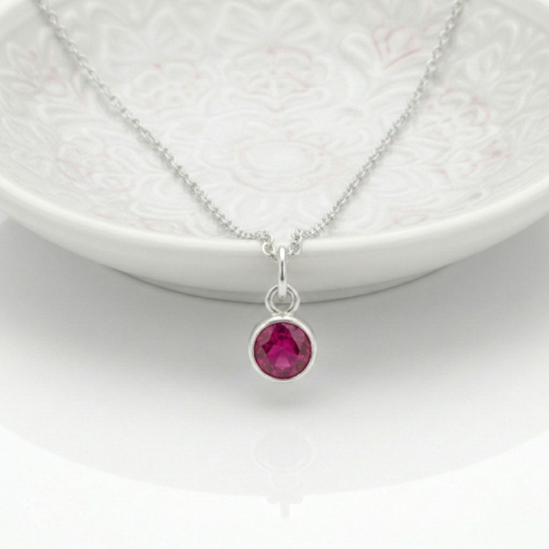 Ruby birthstone charm necklace in sterling silver, July birthstone jewellery UK
