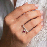 July birthstone ring with ruby charm in sterling silver, handmade stretch ring UK